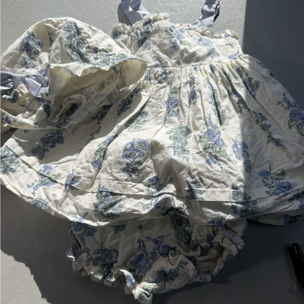 🌸 Joie Baby Girl Cream Blue Floral Dress 3-Piece Set 6-9 Months Bloomers Hat